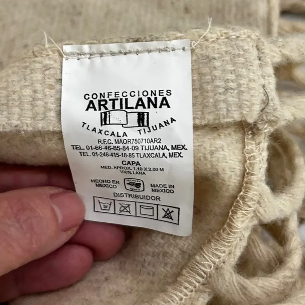 Artilana Wool Cape Poncho Cream Fringe Ruana Wrap Jacket Boho One Size